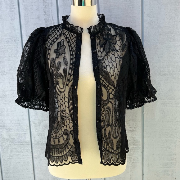 Story On Lace Sheer Balloon Sleeve Blouse Top Short Sleeve Black - Picture 2 of 12
